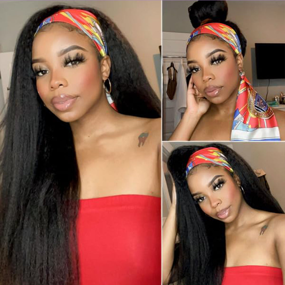 Lodmemo Kinky Straight Headband Wig Human Hair Glueless Wig Seamless Flip Over Wig Beginner Friendly