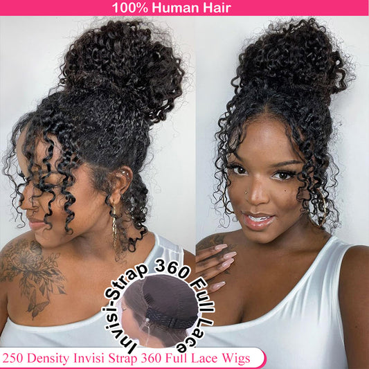 Lodmemo Deep Curly Invisible Strap Snug Fit 360 HD Transparent Curly Lace Frontal Bleached Knots Pre Cut Lace Wig
