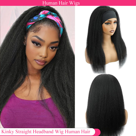 Lodmemo Kinky Staright Headband Wig Human Hair Glueless Wigs Flip Over Wig Beginner Friendly