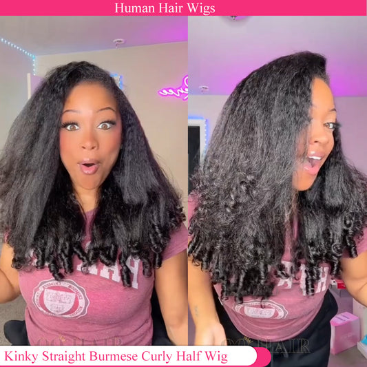 Lodmemo Kinky Straight Burmese Curly Half Wigs Human Hair Glueless Wigs Seamless Kinky Curly Flip Over Wig Beginner Friendly