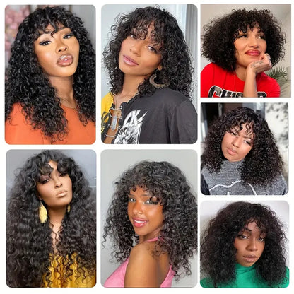 Lodmemo Deep Curly Glueless Wig With Bangs Drawstring Machine Made Sew In Wig Human Hair