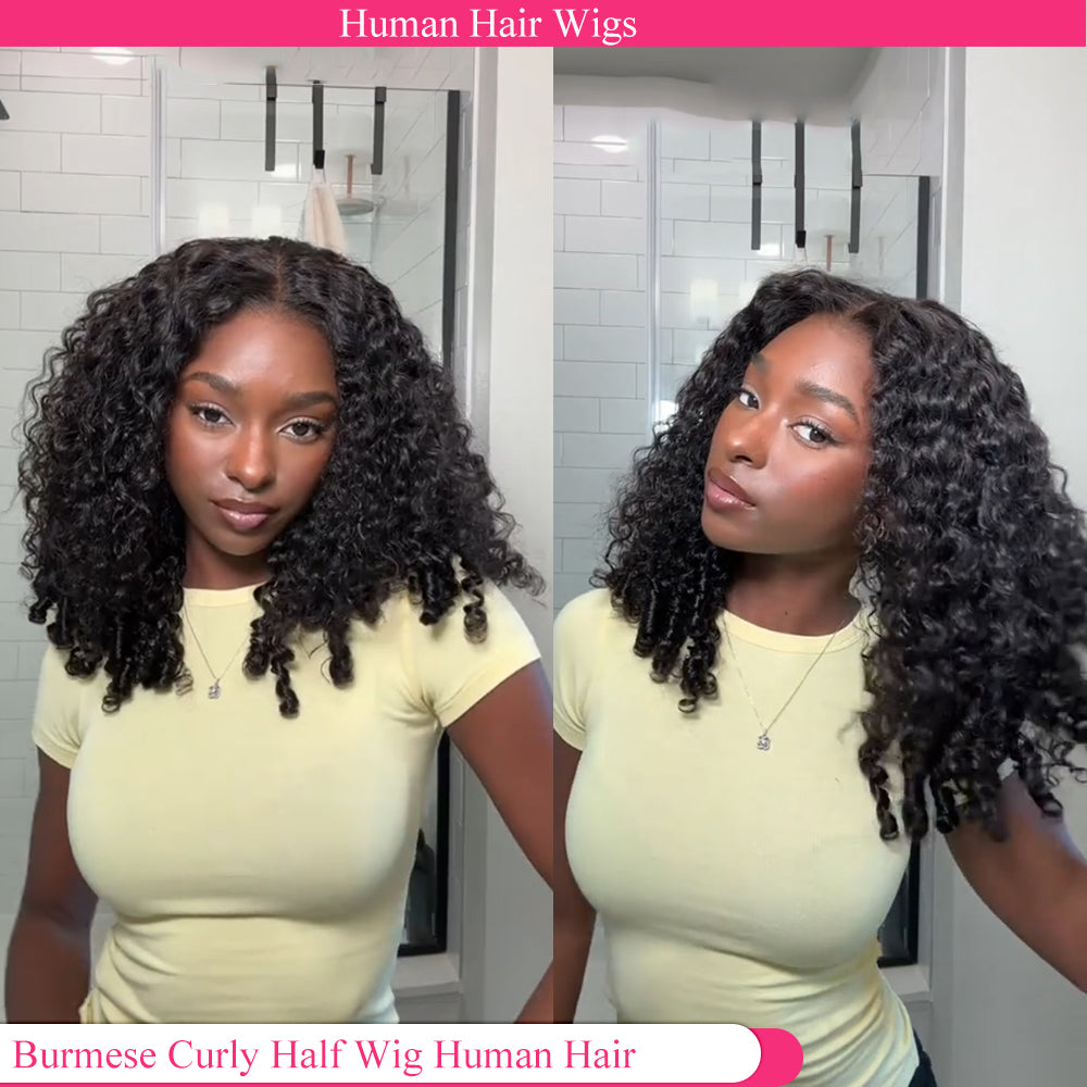 Lodmemo Burmese Curly Half Wigs Human Hair Glueless Wig With Flip Over Wig Beginner Friendly