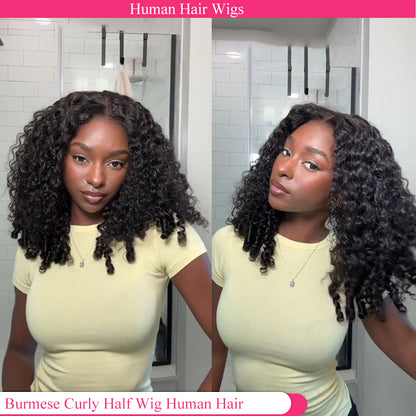 Lodmemo Burmese Curly Half Wigs Human Hair Glueless Wig With Flip Over Wig Beginner Friendly