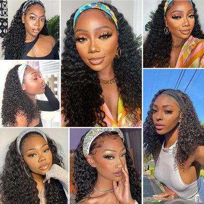 Lodmemo Kinky Curly Headband Wig Human Hair Glueless Seamless Kinky Curly Flip Over Wig Beginner Friendly