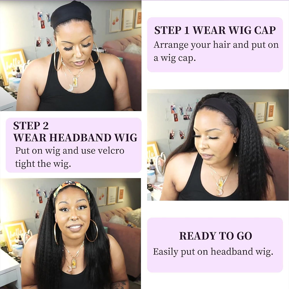 Lodmemo Kinky Straight Headband Wig Human Hair Glueless Wig Seamless Flip Over Wig Beginner Friendly