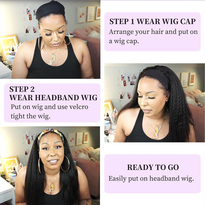 Lodmemo Kinky Straight Headband Wig Human Hair Glueless Wig Seamless Flip Over Wig Beginner Friendly