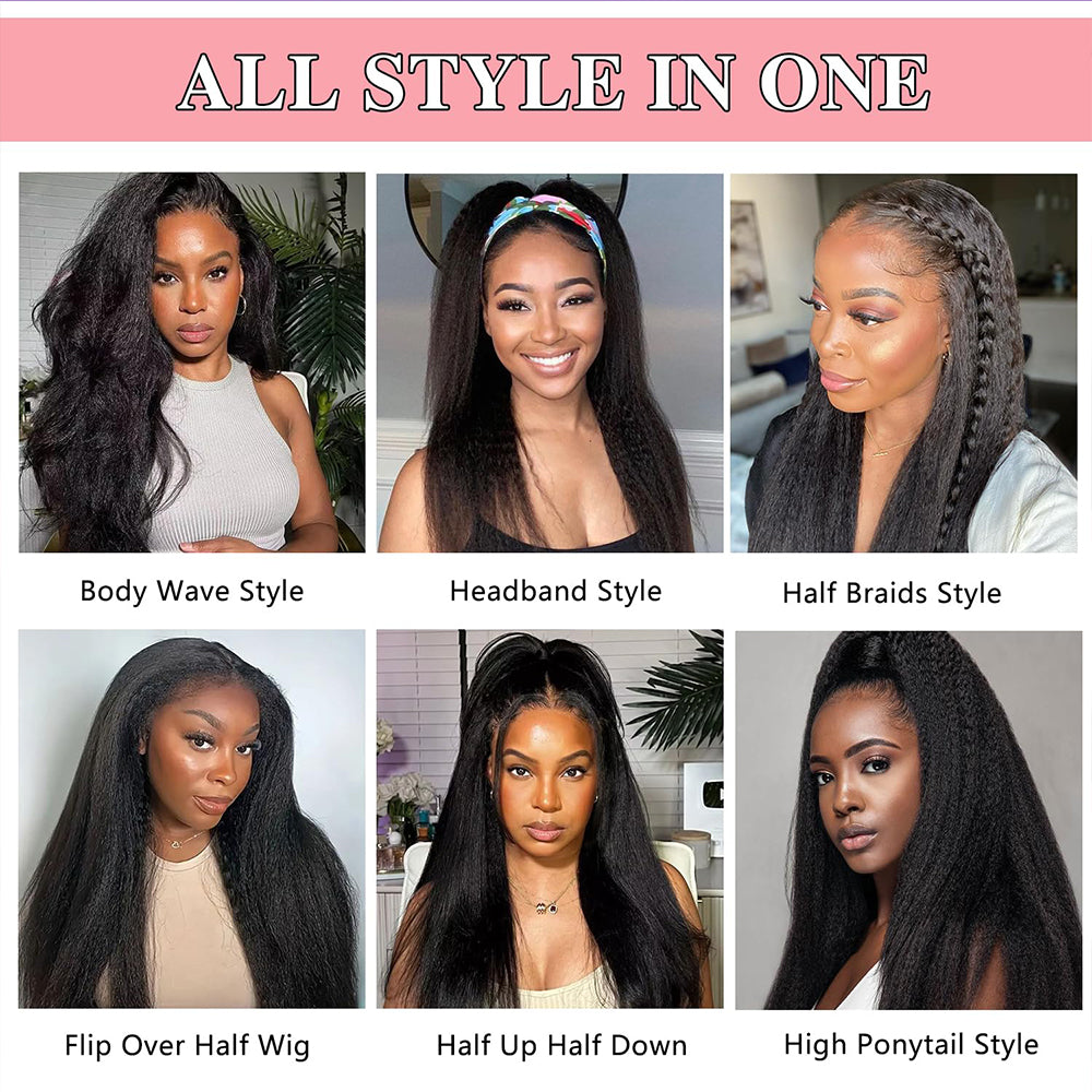 Lodmemo Kinky Straight Half Wig Seamless Kinky Curly Flip Over Wig Beginner Friendly