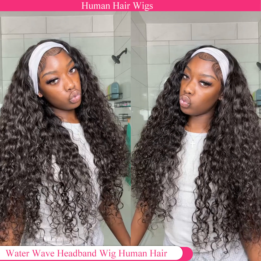Lodmemo Water Wave Headband Wig Human Hair Glueless Wig Seamless Kinky Curly Flip Over Wig Beginner Friendly