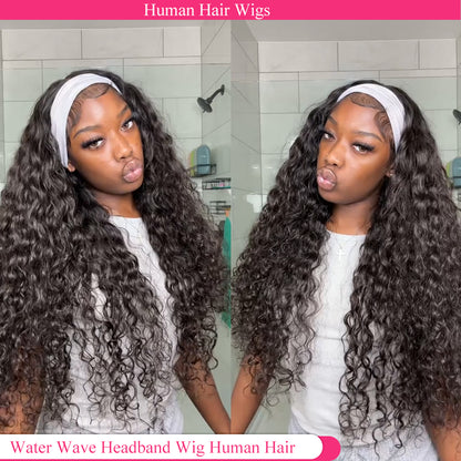 Lodmemo Water Wave Headband Wig Human Hair Glueless Wig Seamless Kinky Curly Flip Over Wig Beginner Friendly