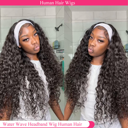 Lodmemo Water Wave Headband Wig Human Hair Glueless Wig Seamless Kinky Curly Flip Over Wig Beginner Friendly