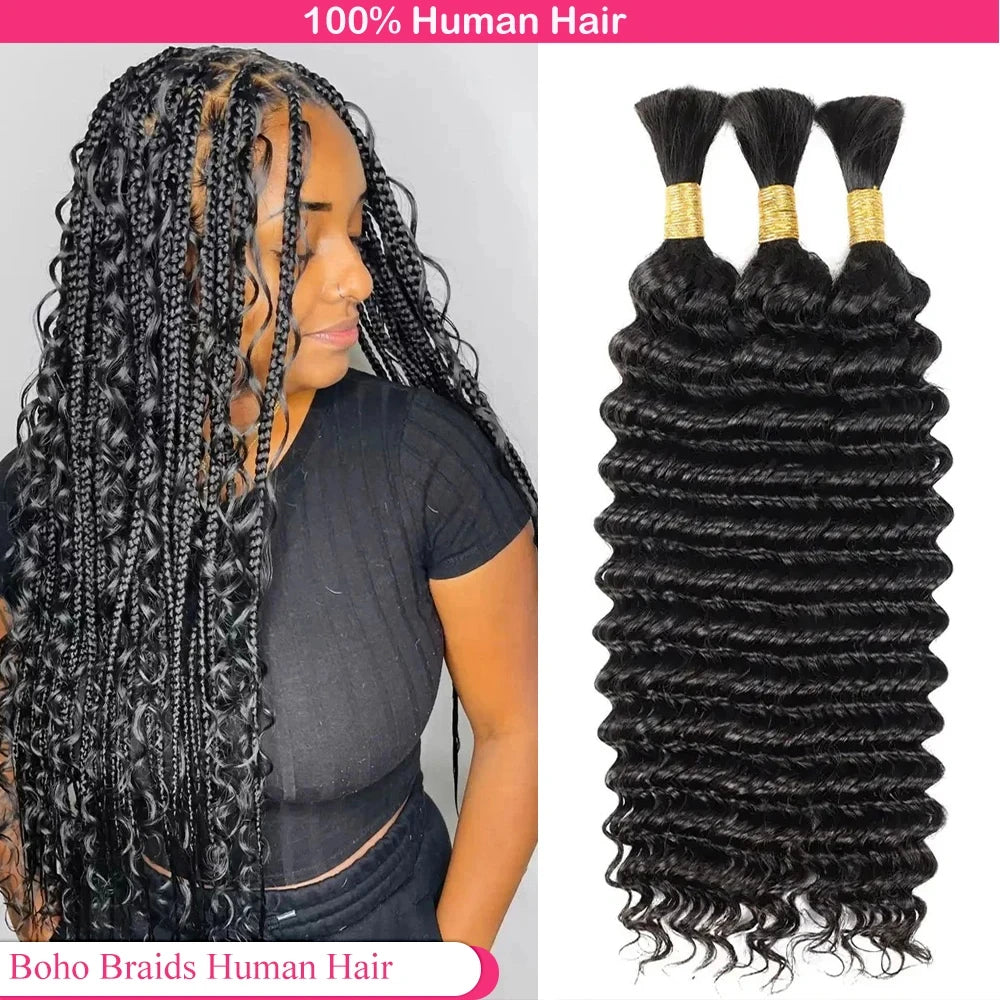 Lodmemo Deep Wave Bulk Boho Braids Human Hair Natural Color No Weft Boho Hair For Braiding 1/3/4 Packs