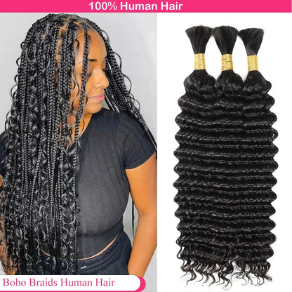 Lodmemo Deep Wave Bulk Boho Braids Human Hair Natural Color No Weft Boho Hair For Braiding 1/3/4 Packs