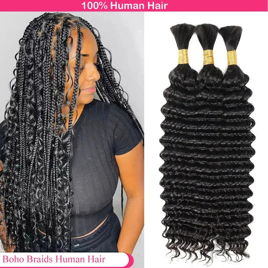 Lodmemo Deep Wave Bulk Boho Braids Human Hair Natural Color No Weft Boho Hair For Braiding 1/3/4 Packs