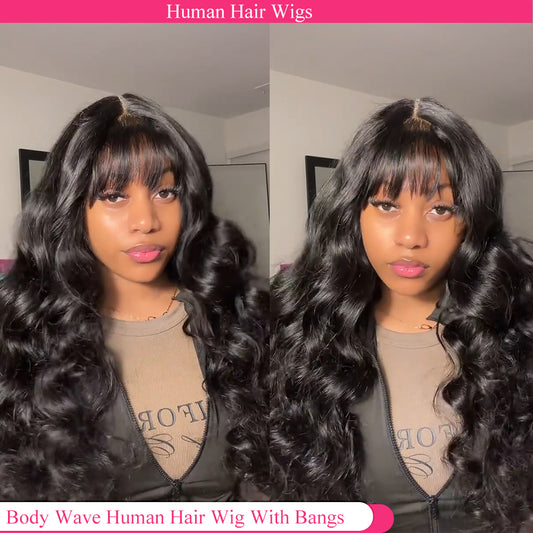 Body Wave Glueless Wig With Bangs Drawstring Machine Made Sew In Wig Human Hair