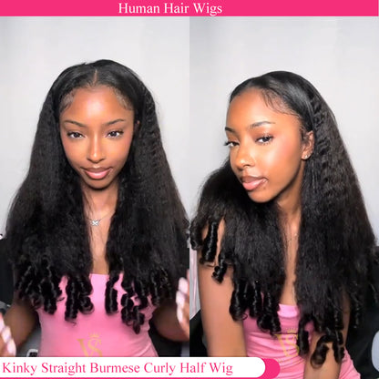 Lodmemo Kinky Straight Burmese Curly Half Wigs Human Hair Glueless Wig Flip Over Wig Beginner Friendly