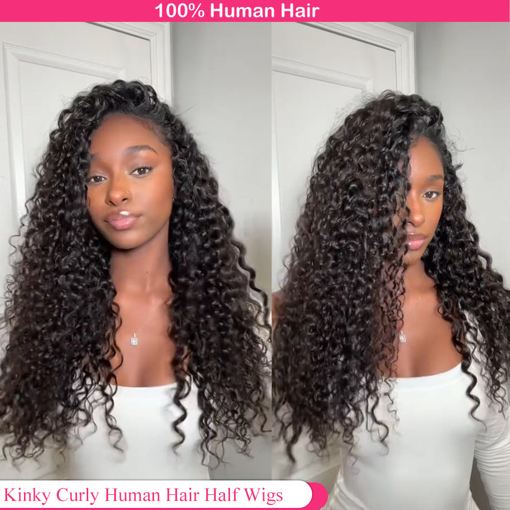Lodmemo Curly Half Wig Seamless Kinky Curly Flip Over Wig Beginner Friendly
