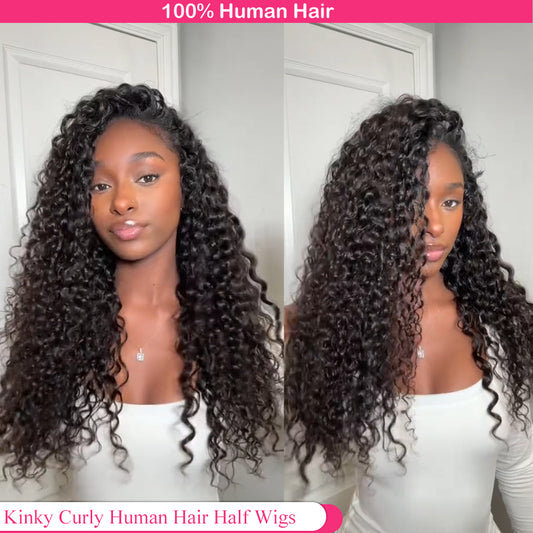 Lodmemo Curly Half Wig Seamless Kinky Curly Flip Over Wig Beginner Friendly