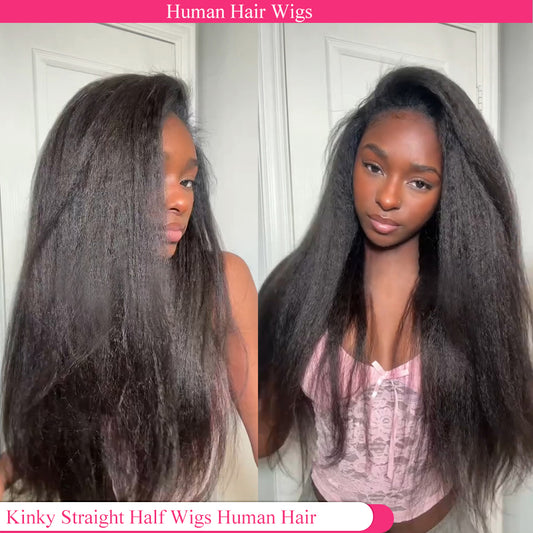Lodmemo Kinky Straight Half Wig Seamless Kinky Curly Flip Over Wig Beginner Friendly