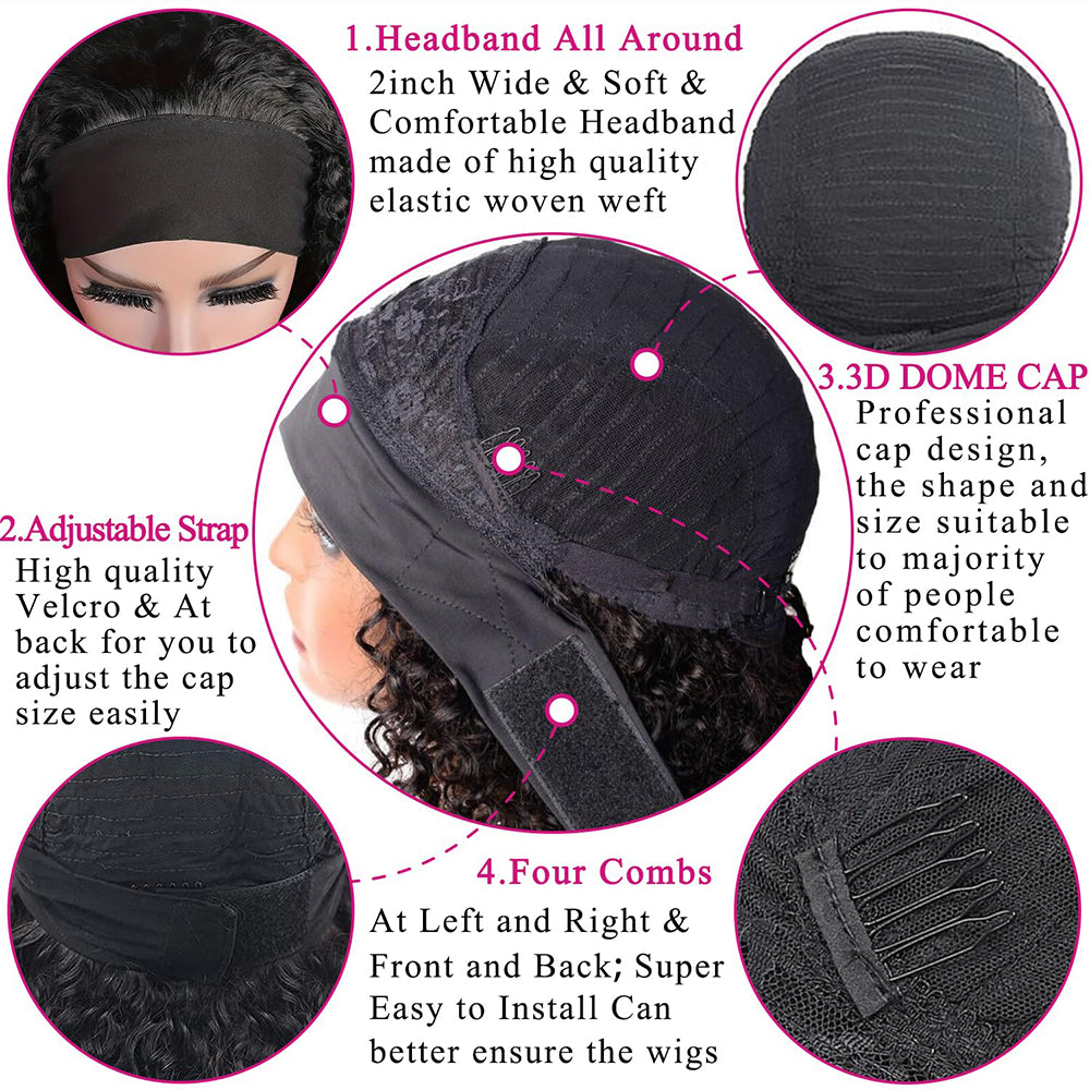 Lodmemo Kinky Curly Headband Wig Human Hair Glueless Seamless Kinky Curly Flip Over Wig Beginner Friendly
