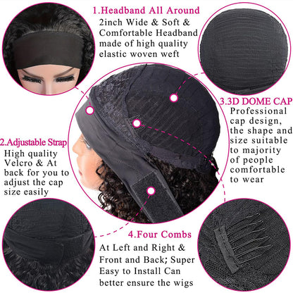 Lodmemo Kinky Curly Headband Wig Human Hair Glueless Seamless Kinky Curly Flip Over Wig Beginner Friendly