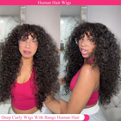 Lodmemo Deep Curly Glueless Wig With Bangs Drawstring Machine Made Sew In Wig Human Hair