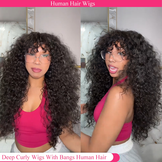 Lodmemo Deep Curly Glueless Wig With Bangs Drawstring Machine Made Sew In Wig Human Hair
