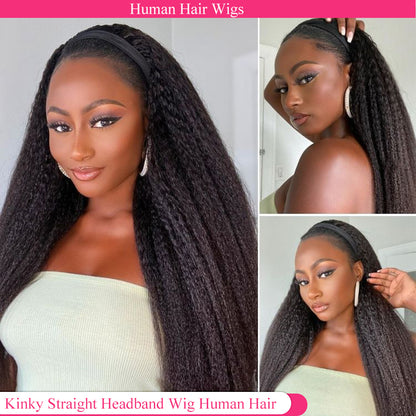 Lodmemo Kinky Straight Headband Wig Human Hair Glueless Wig  Flip Over Wig Beginner Friendly