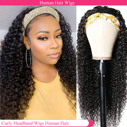 Lodmemo Kinky Curly Headband Wig Human Hair Glueless Seamless Kinky Curly Flip Over Wig Beginner Friendly