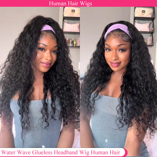 Lodmemo water wave Headband Wig Human Hair Ready to Wear Seamless Kinky Curly Flip Over Wig Beginner Friendly