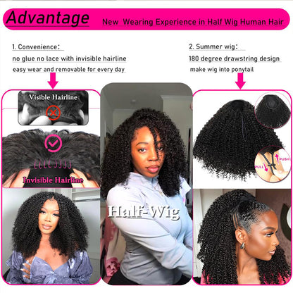 Lodmemo Curly Half Wig Seamless Kinky Curly Flip Over Wig Beginner Friendly