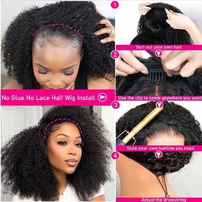 Lodmemo Curly Half Wig Seamless Kinky Curly Flip Over Wig Beginner Friendly