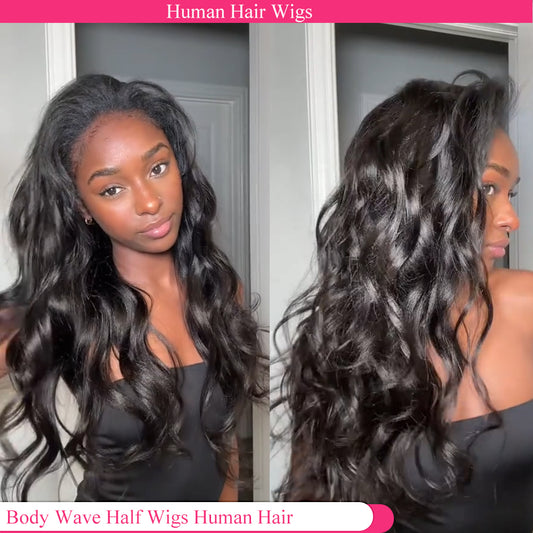 Lodmemo Body Wave Half Wig Human Hair Glueless Wigs With Drawstring Flip Over Wig Beginner Friendly