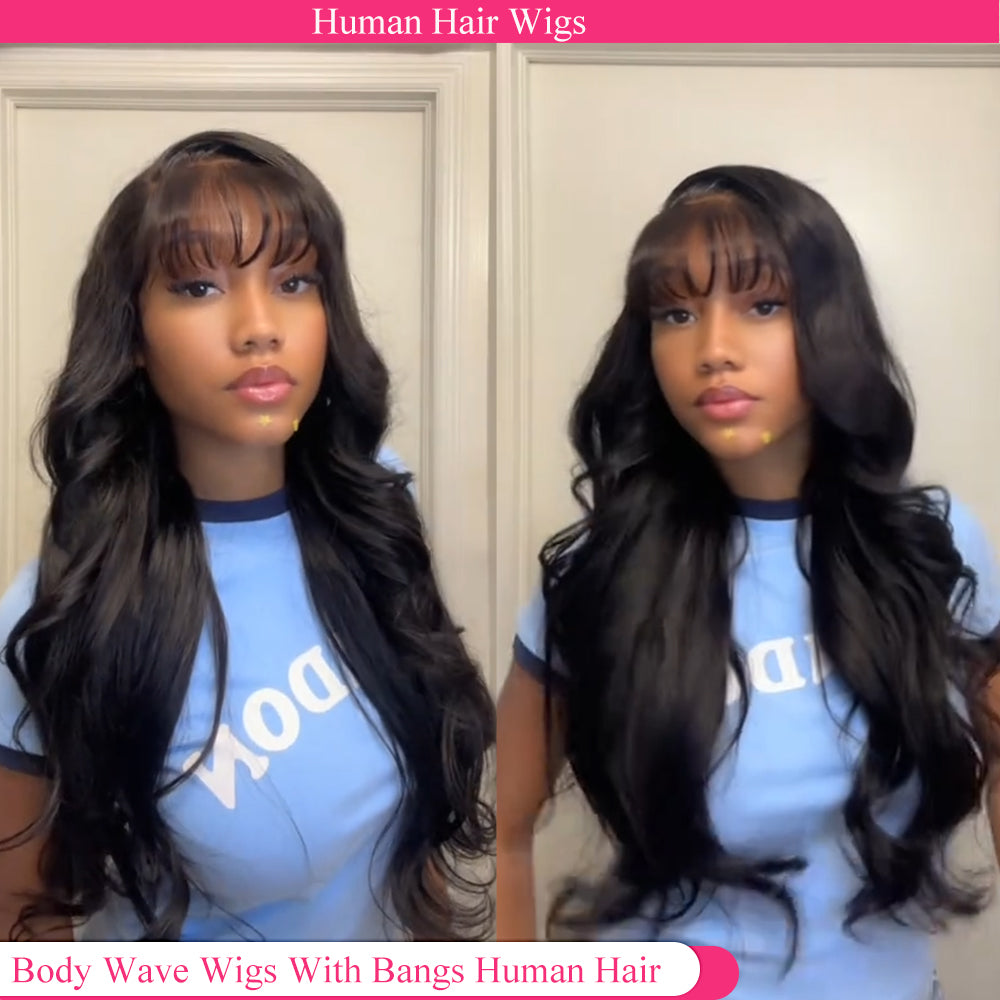 Lodmemo Body Wave Glueless Wig With Bangs Human Hair Drawstring Machine Made Sew In Wig Human Hair