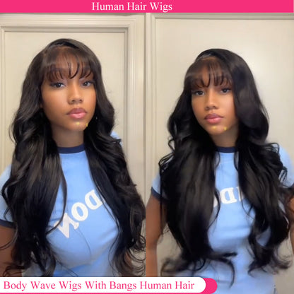 Lodmemo Body Wave Glueless Wig With Bangs Human Hair Drawstring Machine Made Sew In Wig Human Hair