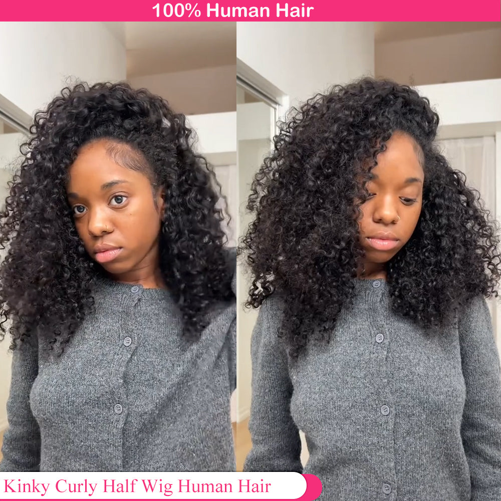 Lodmemo Kinky Curly Half Wig Seamless Kinky Curly Flip Over Wig Beginner Friendly