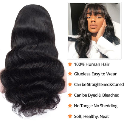 Body Wave Glueless Wig With Bangs Drawstring Machine Made Sew In Wig Human Hair