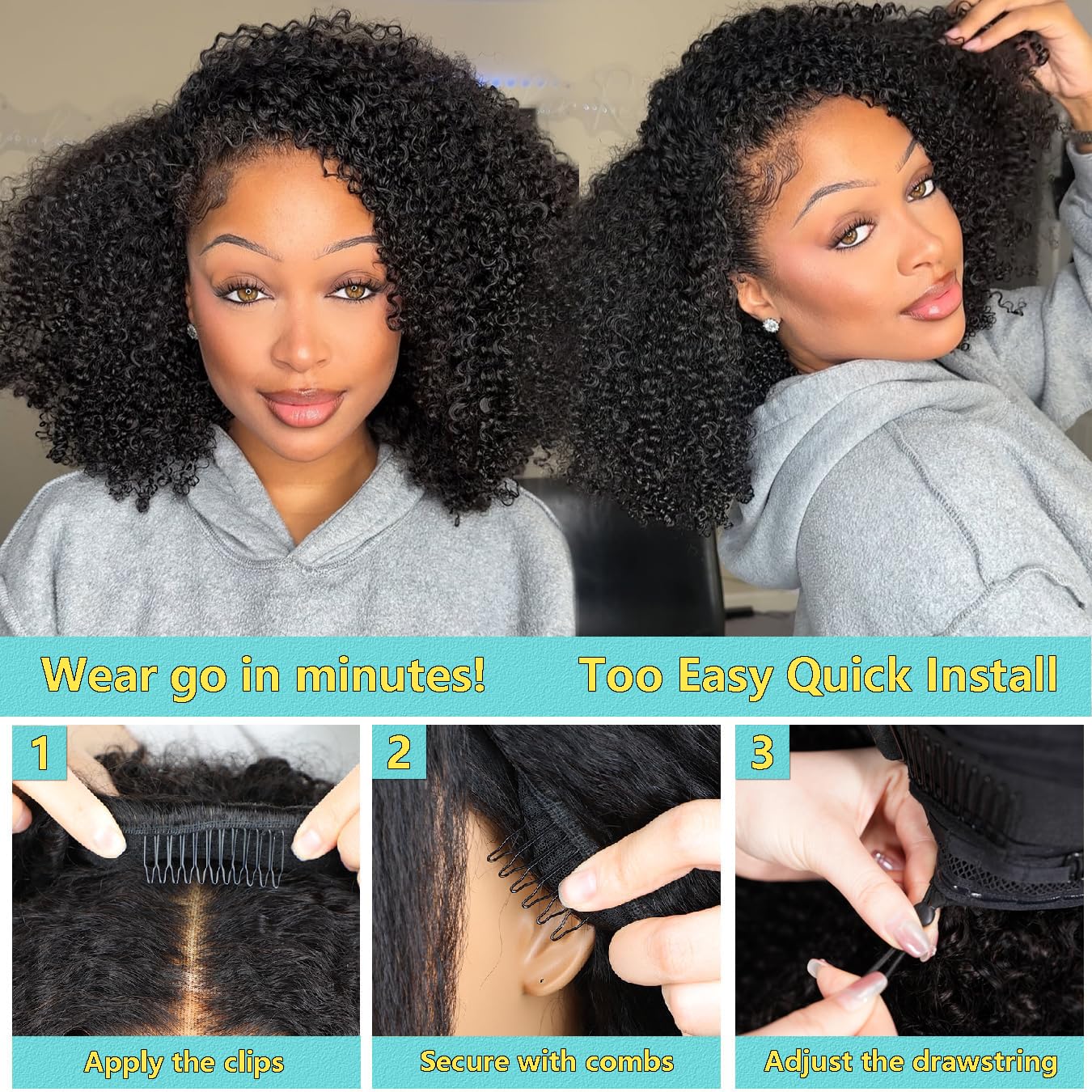 Lodmemo Kinky Curly Half Wig Seamless Kinky Curly Flip Over Wig Beginner Friendly