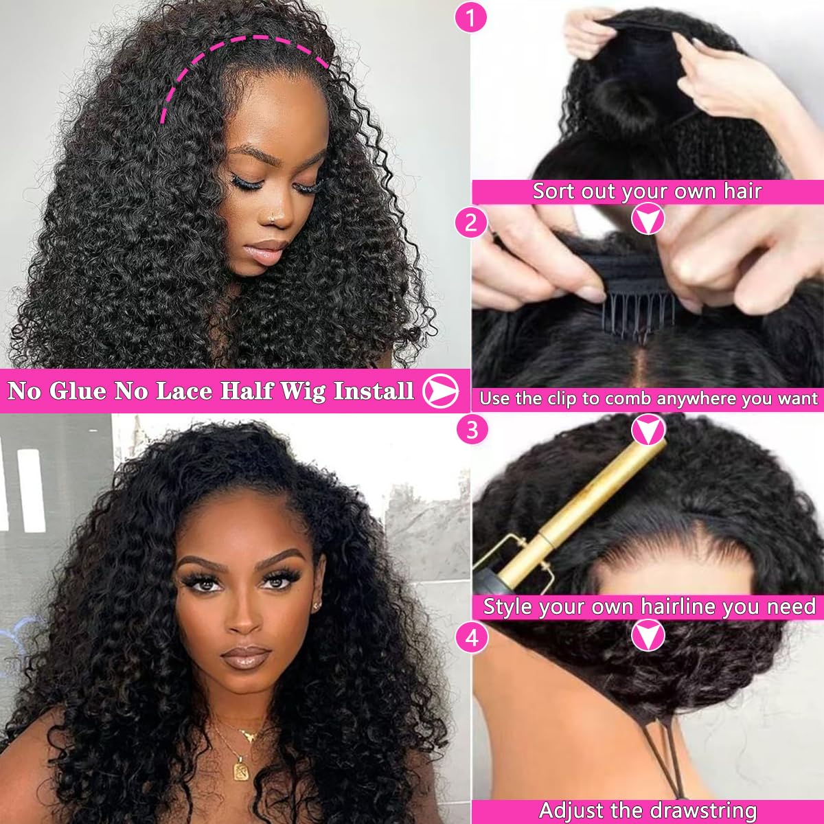 Lodmemo Water Wave Half Wigs Human Hair Glueless Wig With Drawstring Flip Over Wig Beginner Friendly
