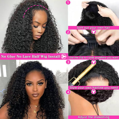 Lodmemo Water Wave Half Wigs Human Hair Glueless Wig With Drawstring Flip Over Wig Beginner Friendly