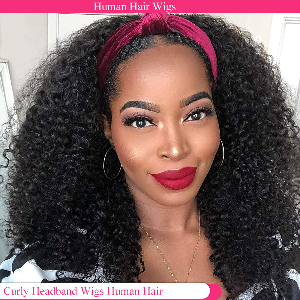 Lodmemo Deep Curly Headband Wig Human Hair Glueless Wig Seamless Kinky Curly Flip Over Wig Beginner Friendly
