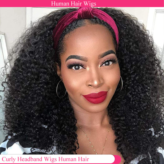 Lodmemo Deep Curly Headband Wig Human Hair Glueless Wig Seamless Kinky Curly Flip Over Wig Beginner Friendly