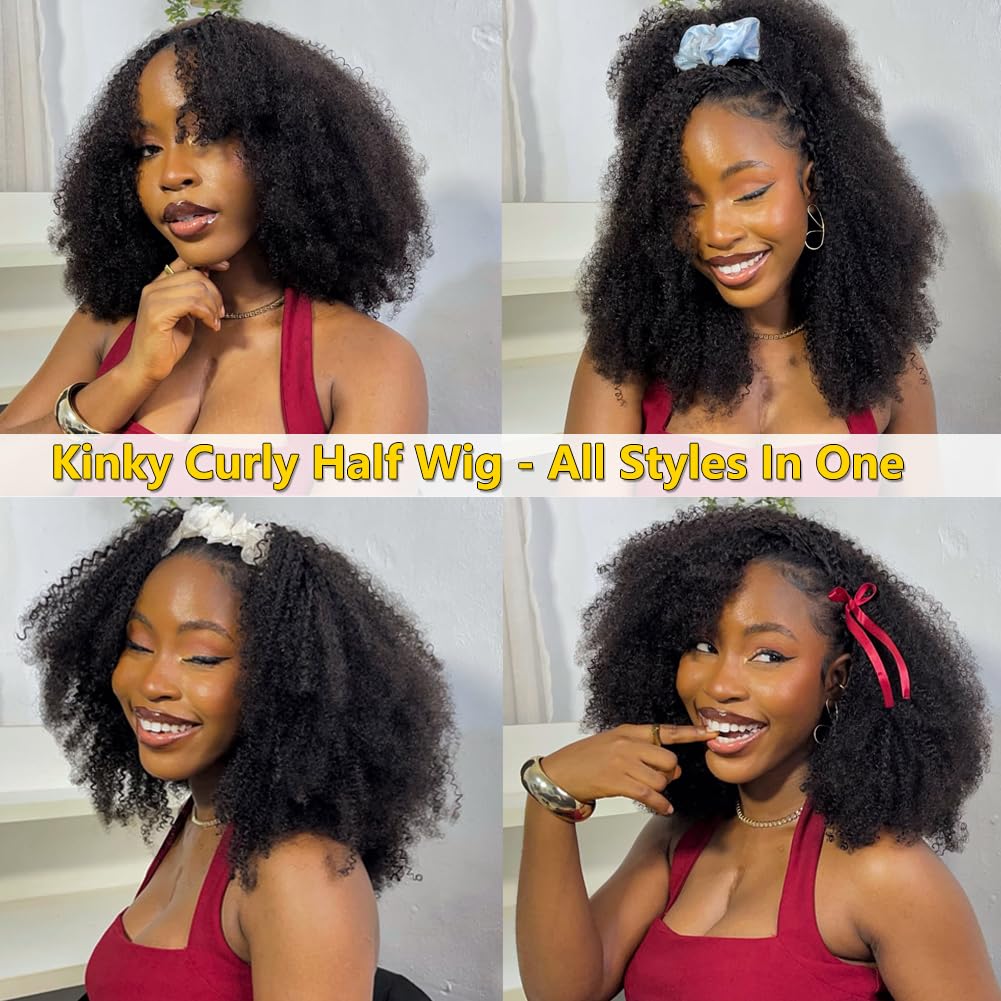 Lodmemo Kinky Curly Half Wig Seamless Kinky Curly Flip Over Wig Beginner Friendly
