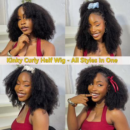 Lodmemo Kinky Curly Half Wig Seamless Kinky Curly Flip Over Wig Beginner Friendly