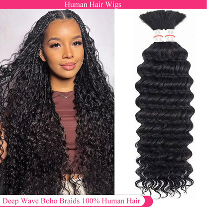 Unprocessed Deep Wave Bulk Human Hair Natural Color No Weft Boho Hair For Braiding 1/3/4 Packs