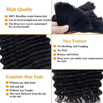 Lodmemo Deep Wave Bulk Boho Braids Human Hair Natural Color No Weft Boho Hair For Braiding 1/3/4 Packs