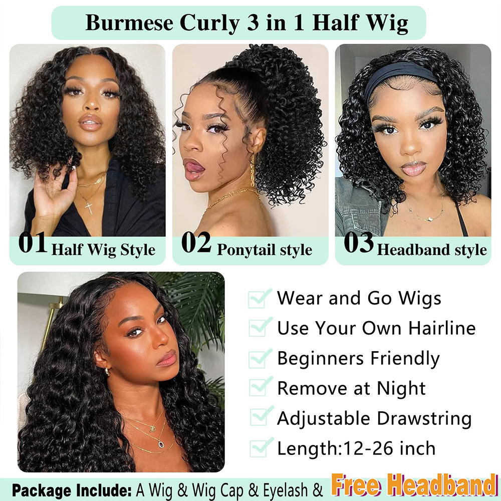 Lodmemo Burmese Curly Half Wigs Human Hair Glueless Wig With Flip Over Wig Beginner Friendly