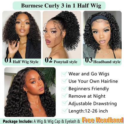 Lodmemo Burmese Curly Half Wigs Human Hair Glueless Wig With Flip Over Wig Beginner Friendly