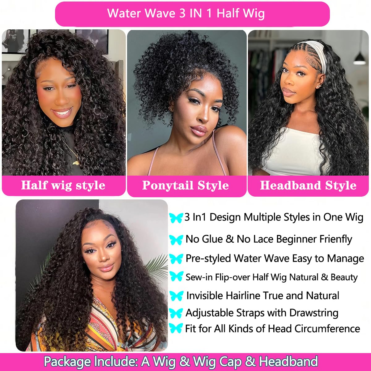 Lodmemo Water Wave Half Wigs Human Hair Glueless Wig With Drawstring Flip Over Wig Beginner Friendly