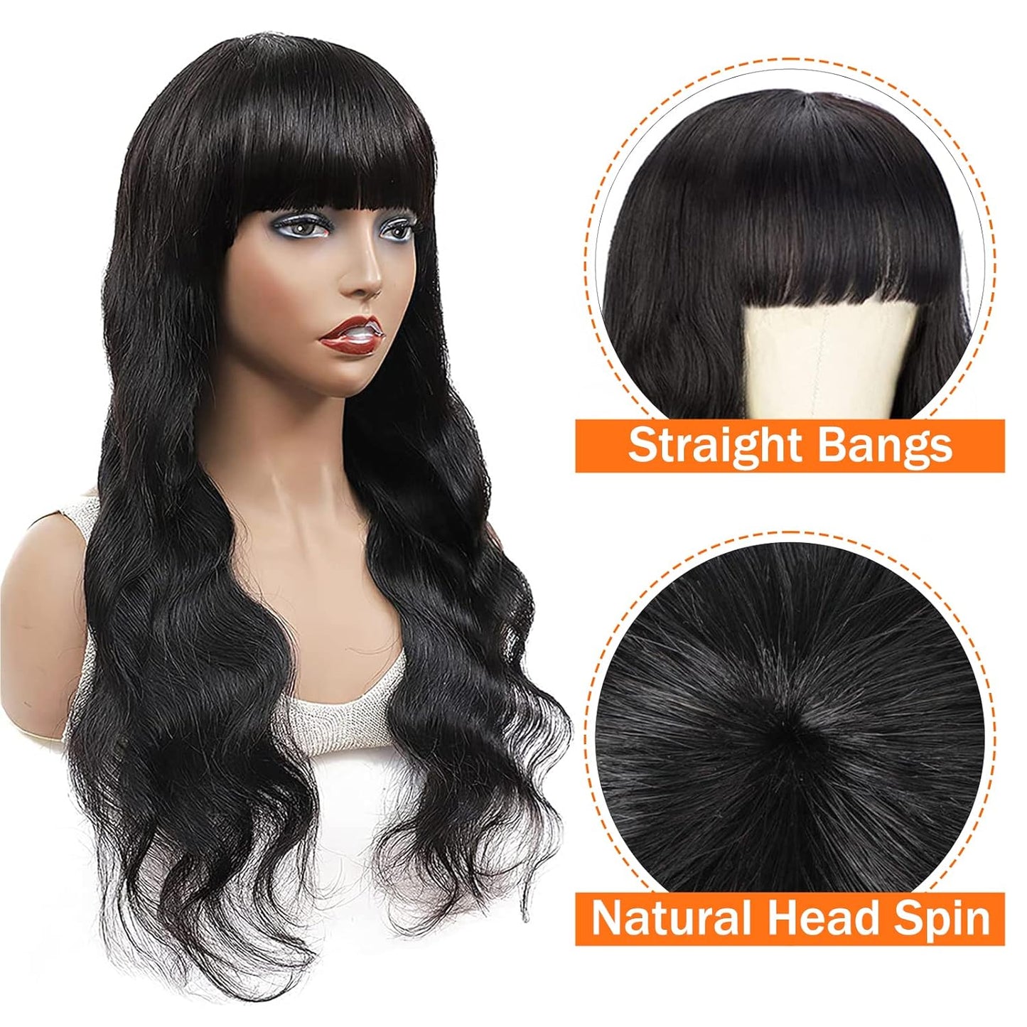 Body Wave Glueless Wig With Bangs Drawstring Machine Made Sew In Wig Human Hair