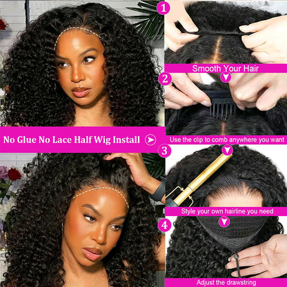 Burmese Curly Half Wigs Human Hair Seamless Kinky Curly Flip Over Wig Beginner Friendly